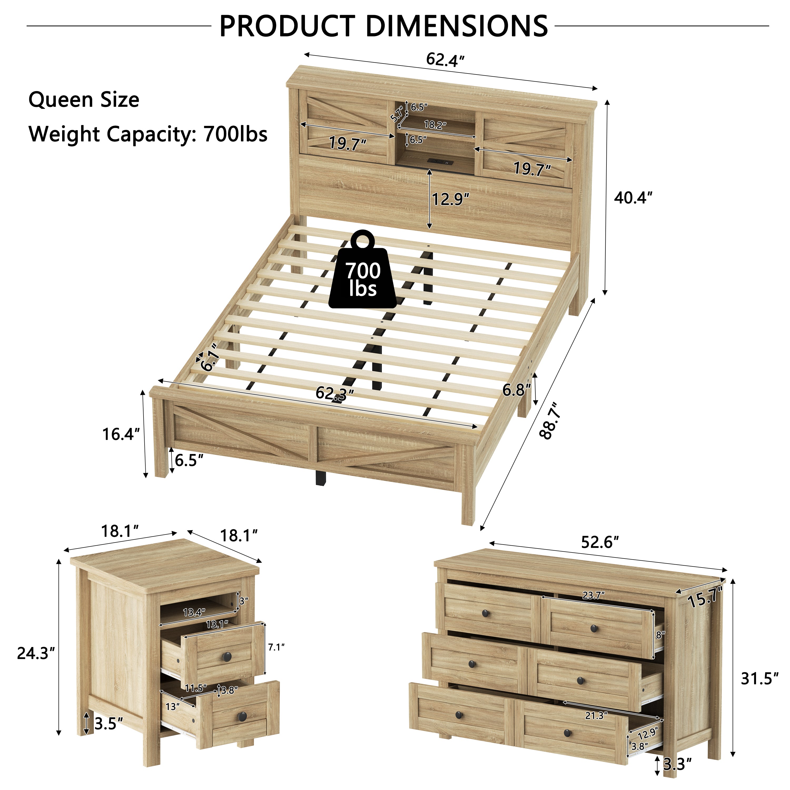 The Atlas Wooden Bedroom Set - Platform Bed, Nightstand & Dresser