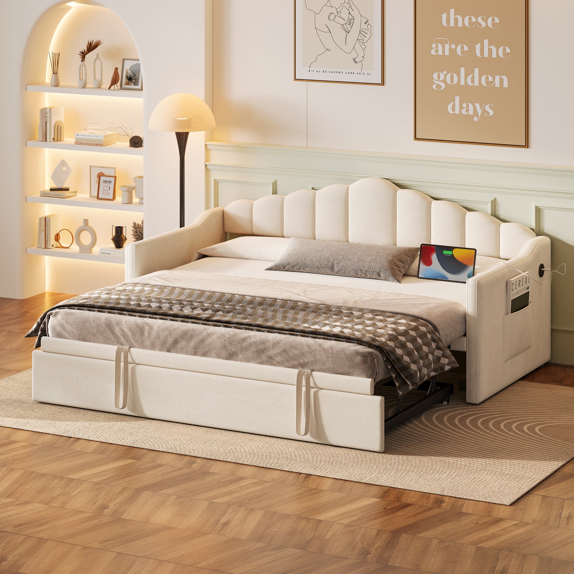 Twin Daybed with Pop Up Trundle, Upholstered Modern Velvet Sofa Bed