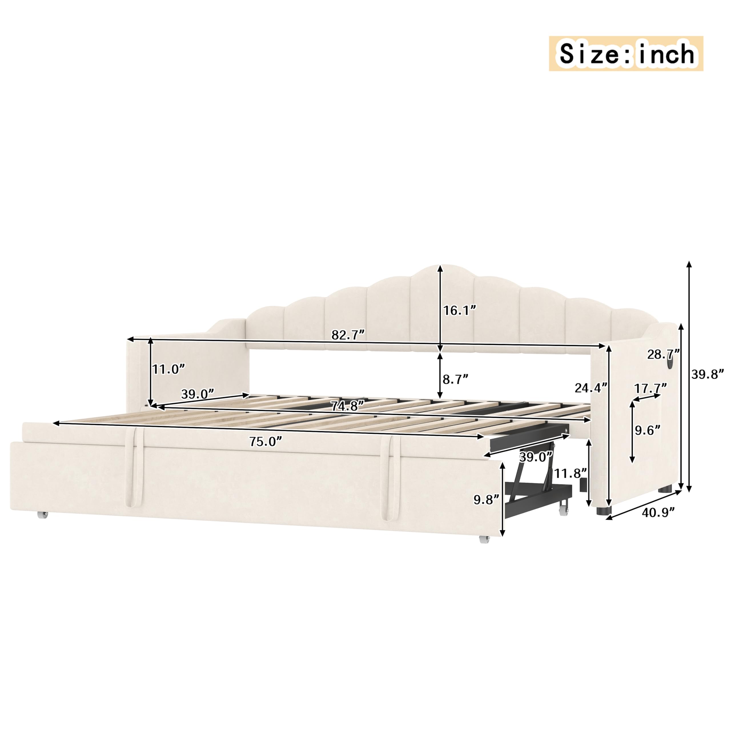 Twin Daybed with Pop Up Trundle, Upholstered Modern Velvet Sofa Bed