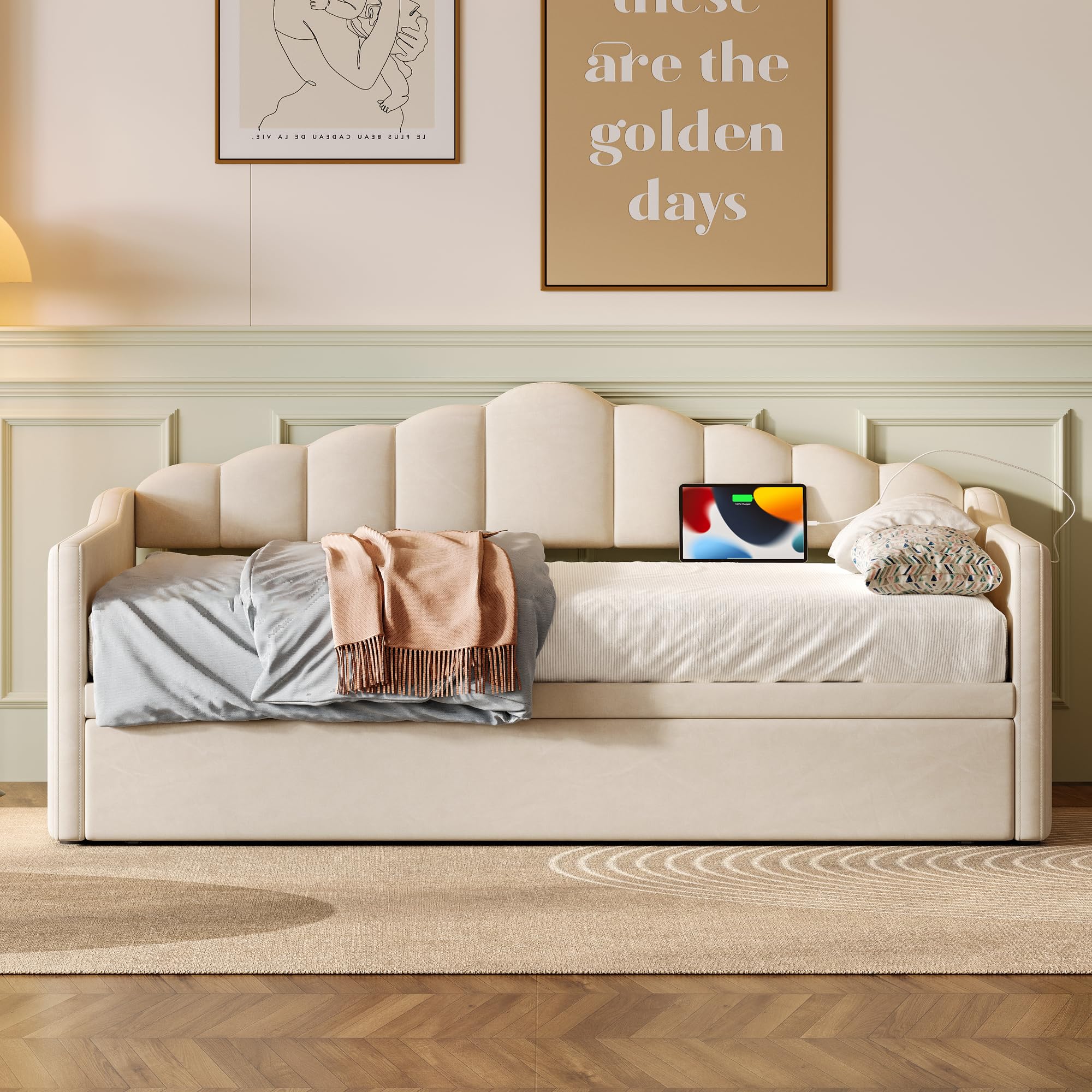 Twin Daybed with Pop Up Trundle, Upholstered Modern Velvet Sofa Bed