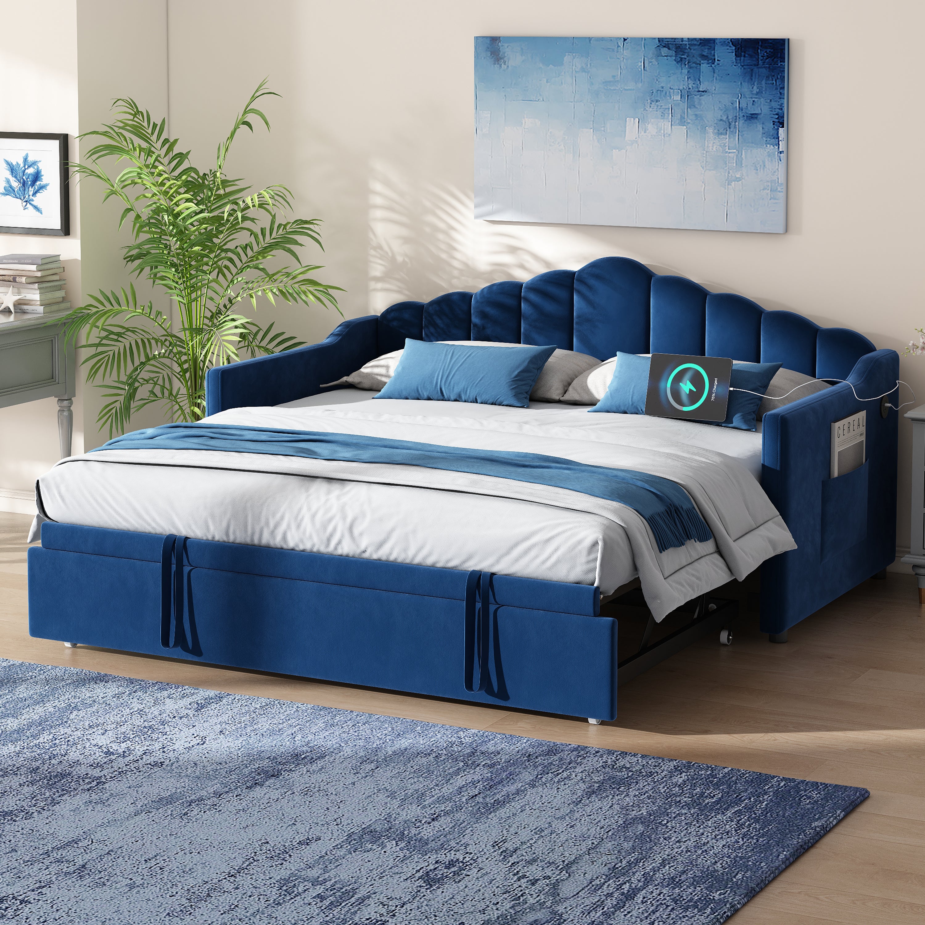 Twin Daybed with Pop Up Trundle, Upholstered Modern Velvet Sofa Bed