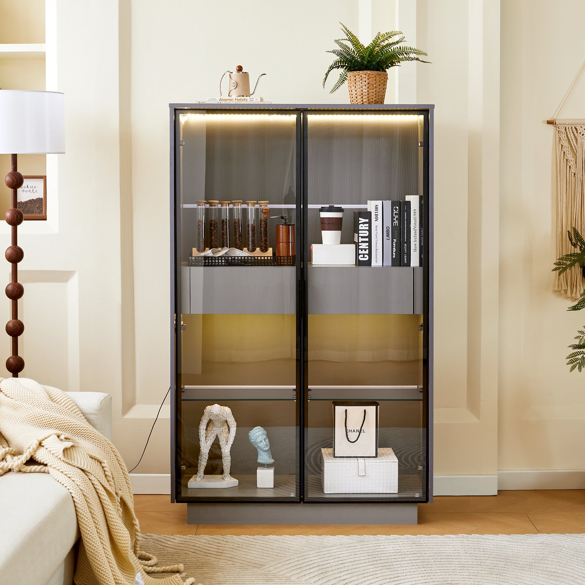 Hecatevic Modern Display Cabinet with LED Lights & Adjustable Glass Shelves